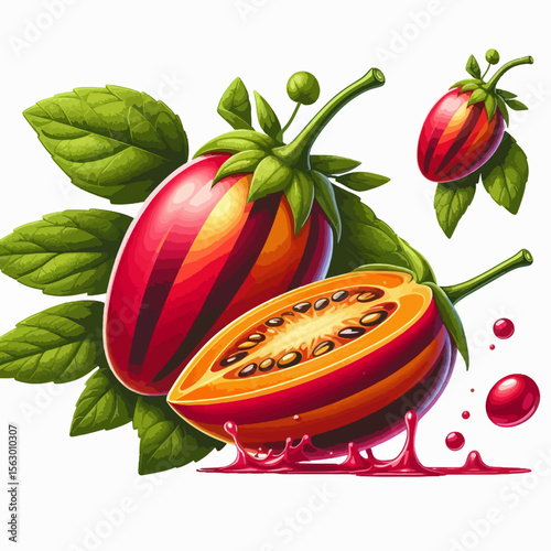 Digital illustration of a halved and whole exotic fruit with colorful striped skin,  juicy interior, and vibrant leaves.  Splashes of liquid surround the fruit.