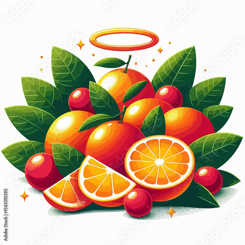 Colorful illustration of various citrus fruits, including oranges, sliced oranges, and cherries, arranged in a cluster with green leaves.  A halo-like ring is present above the group.