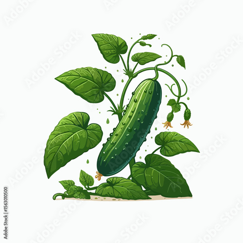 Vibrant illustration of a cucumber plant with lush green leaves, a ripe cucumber, and small flowers. The image showcases the plant in detail, including water droplets on the leaves and cucumber.