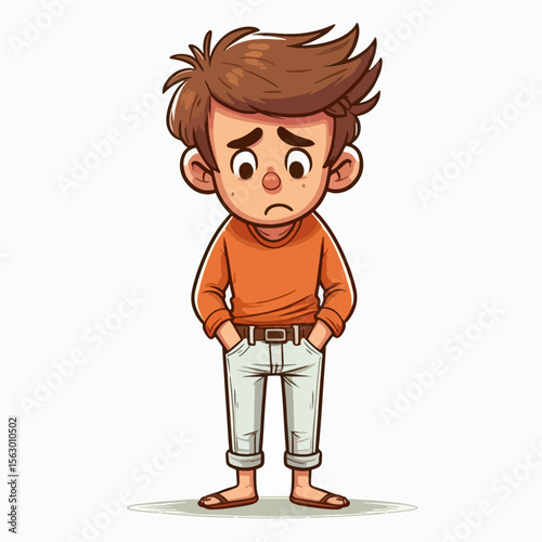 Digitally rendered cartoon image of a young boy in casual clothes, conveying a sense of sadness and quiet contemplation.