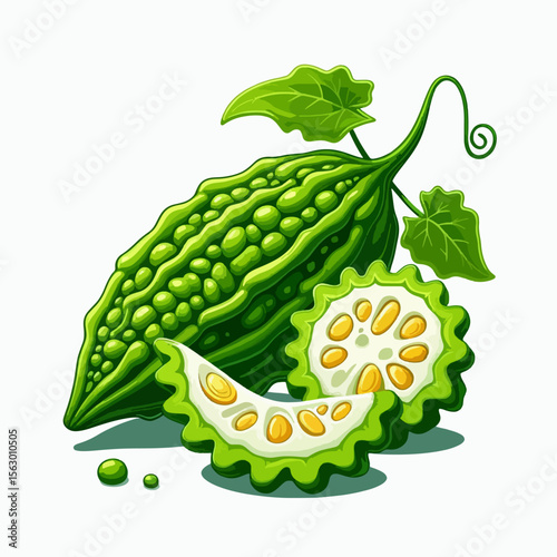 Detailed,  digital illustration of a bitter melon,  both whole and in sections.  The image displays vibrant green tones with  yellow seeds visible.