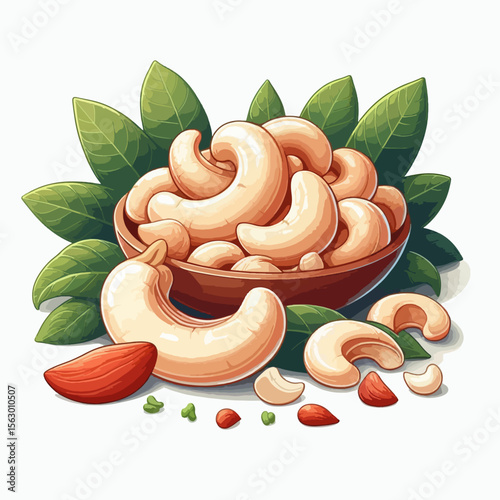 Digital  illustration  shows  a  bowl  of  cashews  surrounded  by  leaves  and  scattered  pieces.