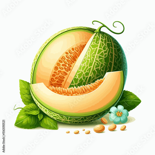 Vibrant, detailed graphic illustration showcases a cantaloupe cut in half, along with leaves and seeds.  The color palette and graphic design showcase a ripe and appealing fruit.