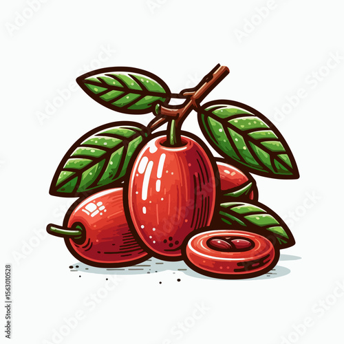 Vibrant depiction of several red berries, complete with leaves, and a stylized rendering, perfect for a food-related theme.