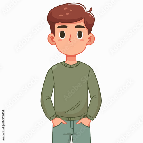 Digital illustration of a young boy, wearing casual attire, and with a neutral facial expression. He is depicted in a thoughtful pose.