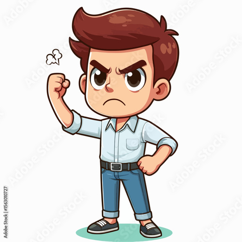 Cartoon rendering of a boy with an angry expression, his arm raised in a display of defiance.