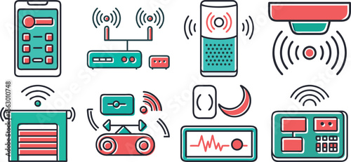 Flat colorful smart home and IoT icons for technology dashboards, app interfaces, remote monitoring, automation controls, and security systems.