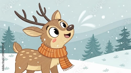 Adorable Christmas Deer Animated Illustration Festive Winter Wonderland Scene
