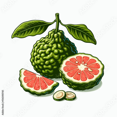 Detailed, stylized illustration of a bergamot fruit, including whole fruit and segmented pieces, against a bright white background.