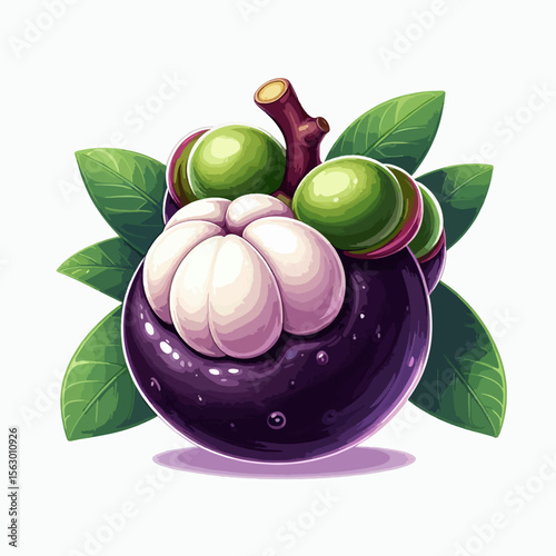 Detailed illustration of a mangosteen fruit, showcasing its vibrant purple skin, white flesh, and green leaves. The fruit appears fresh and healthy, set against a plain white background.