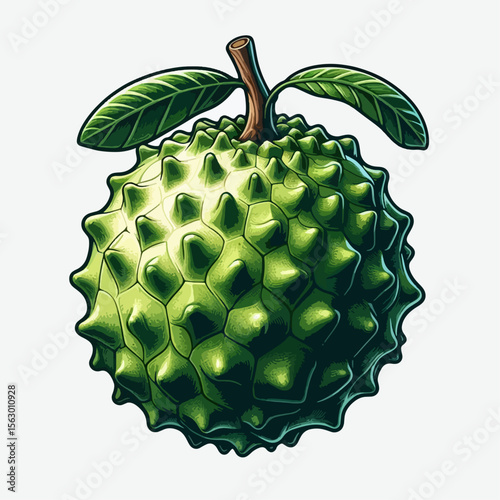 Close-up digital illustration of a vibrant green, spiky fruit, complete with leaves and a stem, against a plain white background.  The texture and details are highly stylized and visually appealing.