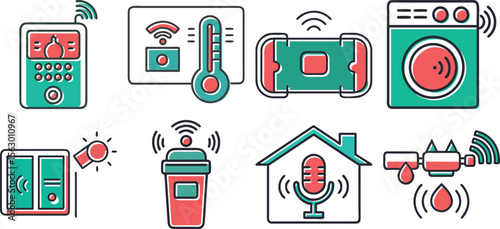 Creative smart home automation and IoT icons in bold flat style for intelligent device interfaces, security systems, and connected technology.