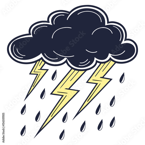 A dark ominous storm cloud unleashes a torrent of rain and bright yellow lightning bolts against a clean white background