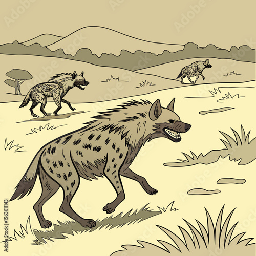 Three hyenas are walking across the savanna landscape