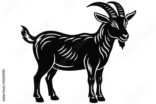 A stylized black goat with prominent horns stands confidently in a silhouette