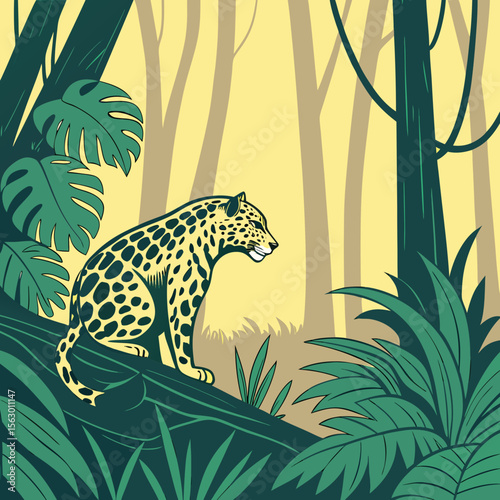 A jaguar sits on a log in a lush, green tropical forest
