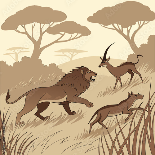 A lion chases an antelope and wilddog across the african savanna