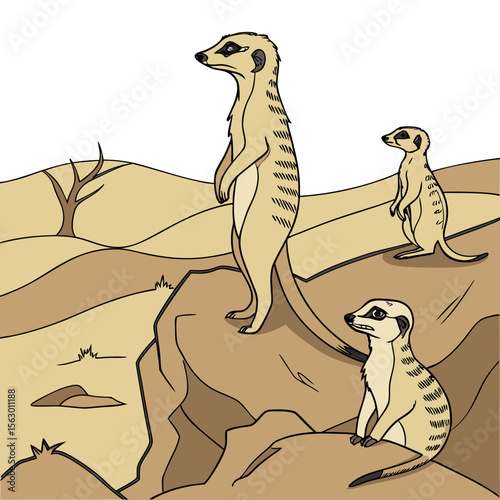 A group of meerkats stand alert in the arid desert landscape