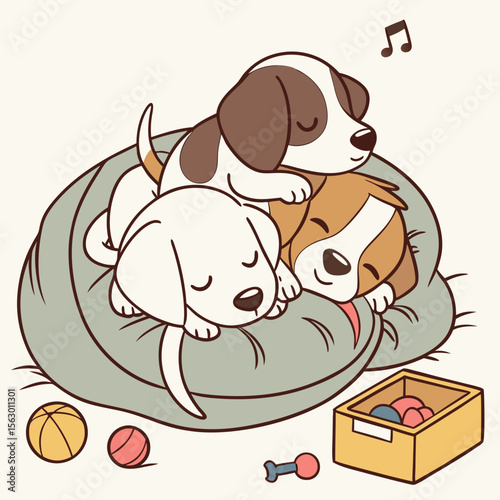 Cartoon puppies are sleeping on a pillow with toys nearby