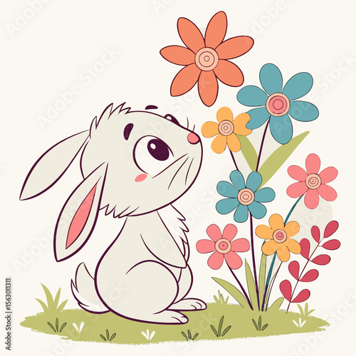 A cartoon rabbit sniffs colorful spring flowers in a garden