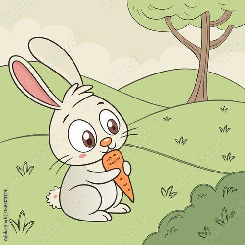 A cute cartoon rabbit enjoys a carrot in a grassy field