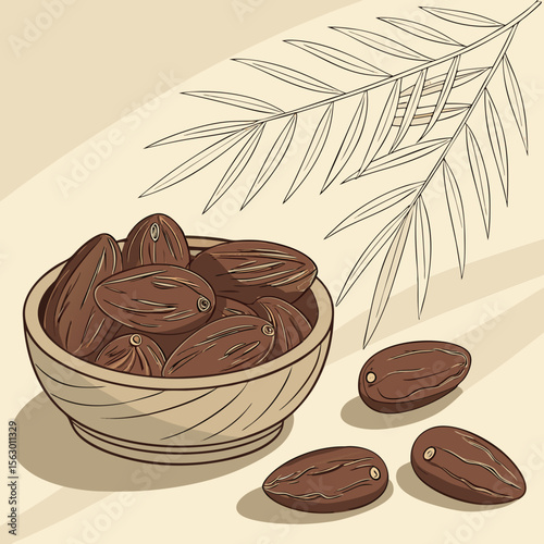 A bowl of dates with a palm branch illustration