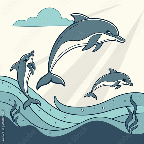 Three dolphins leap and swim in the ocean waves under sunlight