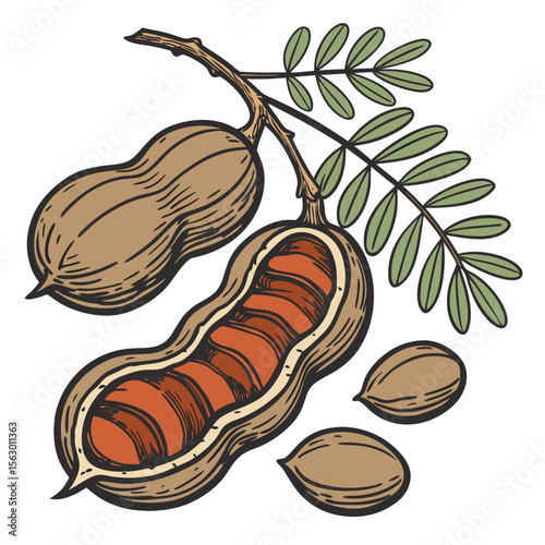 A tamarind pod and seeds on a branch with leaves