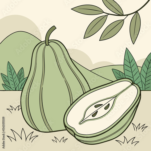 A whole and sliced green pear isolated on white background