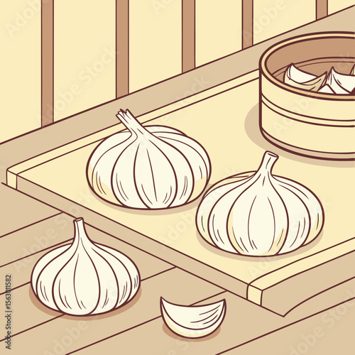 Three whole garlic bulbs and a clove on a wooden surface