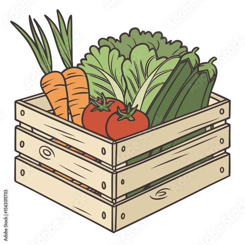A wooden crate is filled with fresh vegetables from the garden