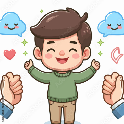 Cartoon illustration of a young boy, appearing joyful and surrounded by positive, encouraging symbols.