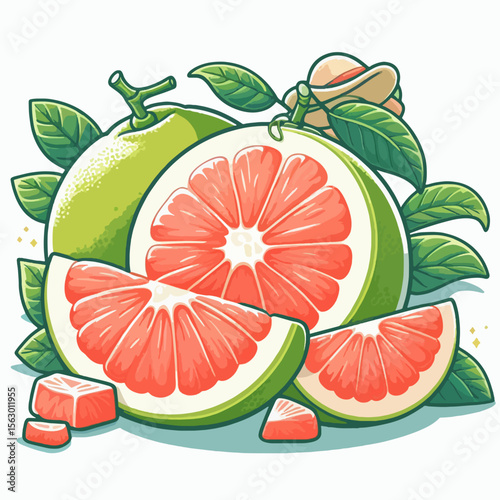 Digital illustration showcases a vibrant grapefruit, with whole and sliced sections, displaying segments and leaves in a colorful composition.
