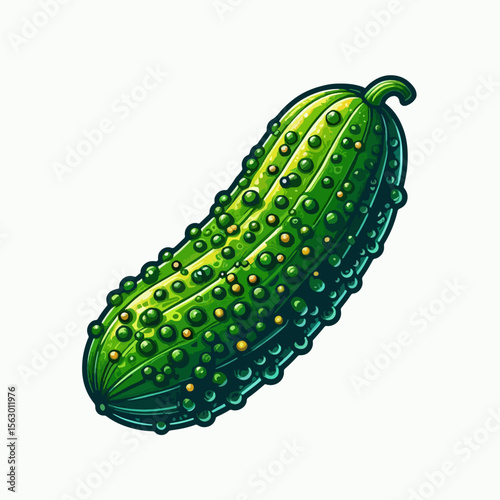 Vibrant green pickle, meticulously drawn and depicted with small yellow spots and water droplets, highlighted against a plain white background.