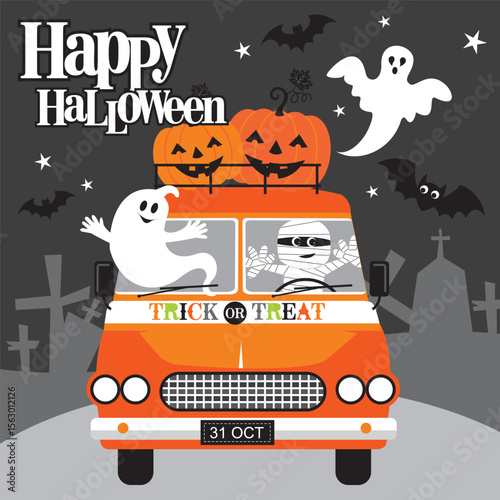 Halloween Truck with Ghosts, Pumpkins, and Mummy