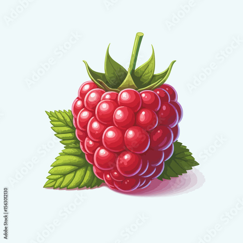 Close-up digital illustration of a single, vibrant red raspberry with green leaves. The fruit is rendered realistically and isolated against a light background.
