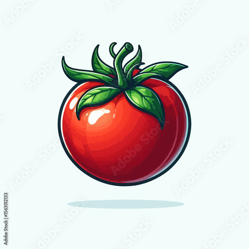 Vivid, stylized depiction of a perfectly ripe tomato, showcased against a plain white backdrop.  The tomato is rendered in a graphic design style with clear details of its stem, leaves, and texture.