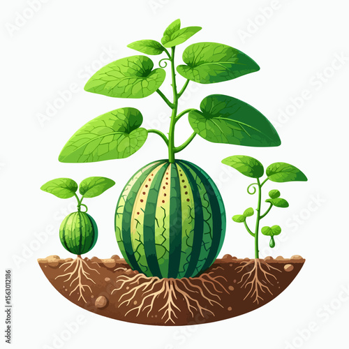 Vibrant graphic illustration depicts the growth of a watermelon plant, from seed to mature fruit, showing various stages with roots, leaves, and stems in rich earth.