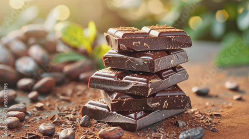 Stack of dark chocolate bars sits on surface dusted with cocoa powder and surrounded by cocoa beans. Ideal for themes of chocolate making and gourmet treats