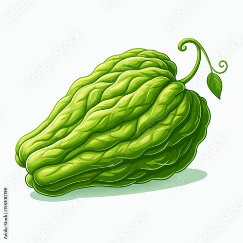Detailed, vibrant depiction of a whole bitter melon, presented in a vivid green hue against a plain white background. The artistic style is clear and rich.