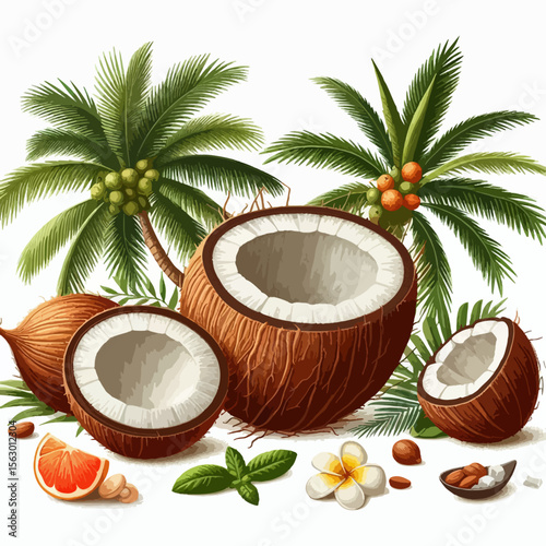 Detailed digital illustration showcasing a collection of coconuts, palm trees, and tropical fruits and flowers arranged against a white background.