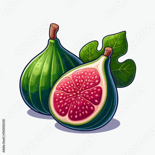 Vibrant digital illustration showcasing a whole and a sliced fig, with detailed shading and leaves.  The image highlights the fresh and colorful nature of the fruit.