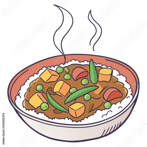 A bowl of hot curry with rice, peas, and vegetables steams gently