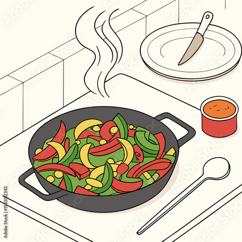 A pan of hot stirfry vegetables steams on the kitchen counter