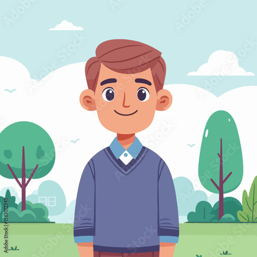 Cheerful, cartoon boy, dressed in casual attire, depicted in a park-like outdoor setting.  His expression is friendly and approachable.