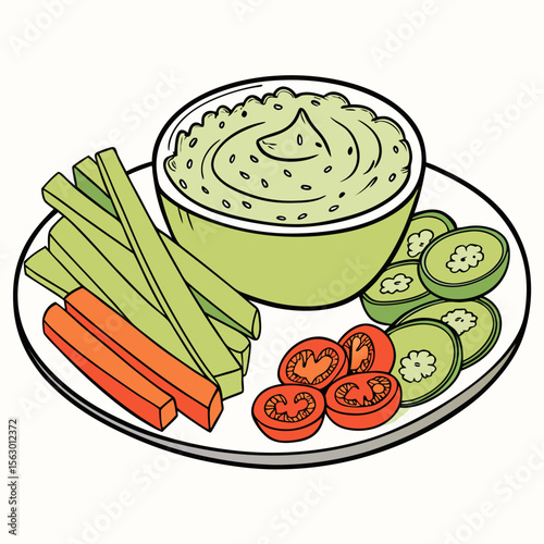 A plate of vegetables with avocado dip is ready to be served