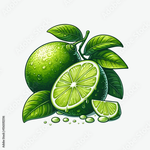 Vibrant graphic illustration of a whole lime and a sliced lime, complete with leaves and water droplets, creating a visually appealing and appetizing representation of fresh citrus fruit.