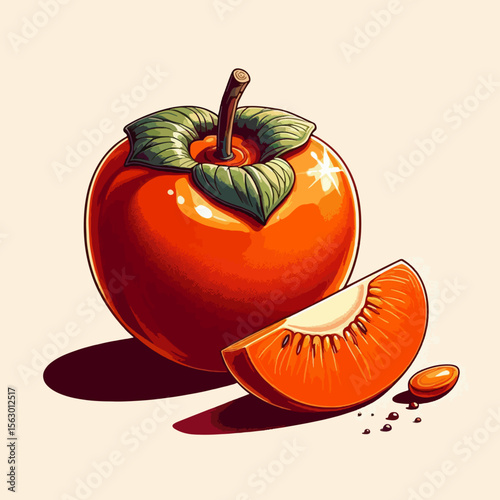 Digitally rendered illustration showcases a whole and sliced persimmon, highlighted with vibrant color and detailed shading, suggesting a healthy and appetizing fruit.