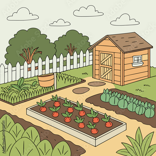 Vegetable garden with a shed and fence in a cartoon illustration