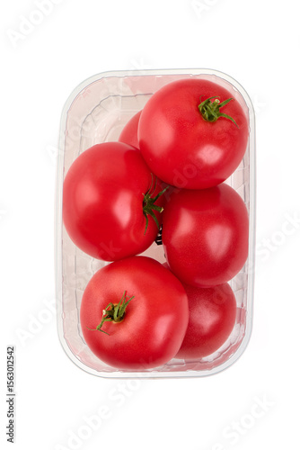 Red Tomatoes in Plastic Container, isolated on white background